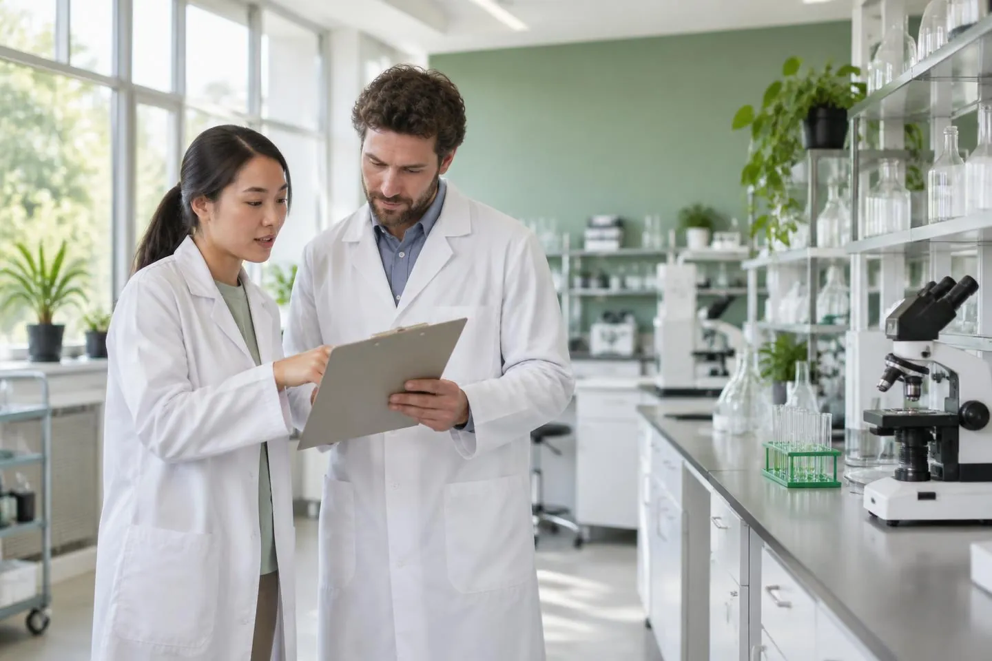 Research colleagues reviewing laboratory operations